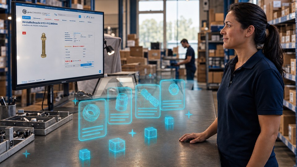 Symbolbild: Mitarbeiterin am Computer in einer Lagerhalle mit eingeblendeten digitalen Produktinformationen