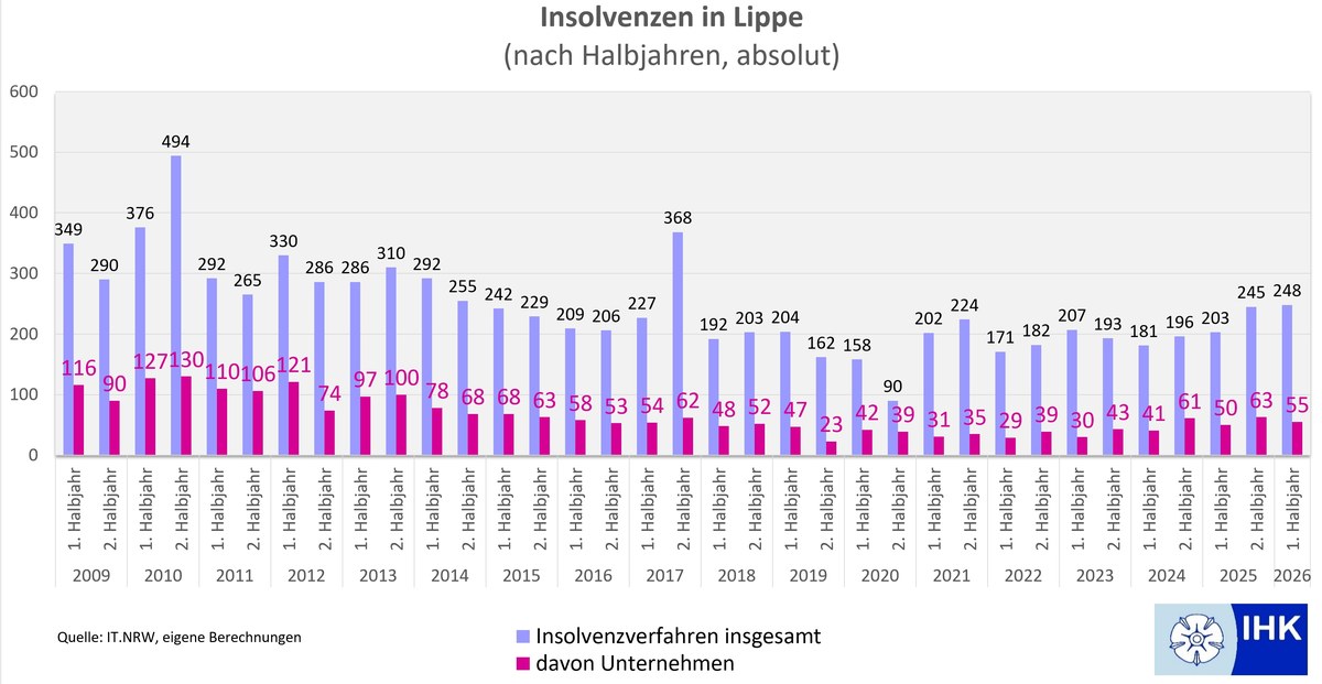 Halbjährliche Insolvenzverfahren in Lippe: im ersten Halbjahr 2026 insgesamt 248, davon 55 Unternehmen