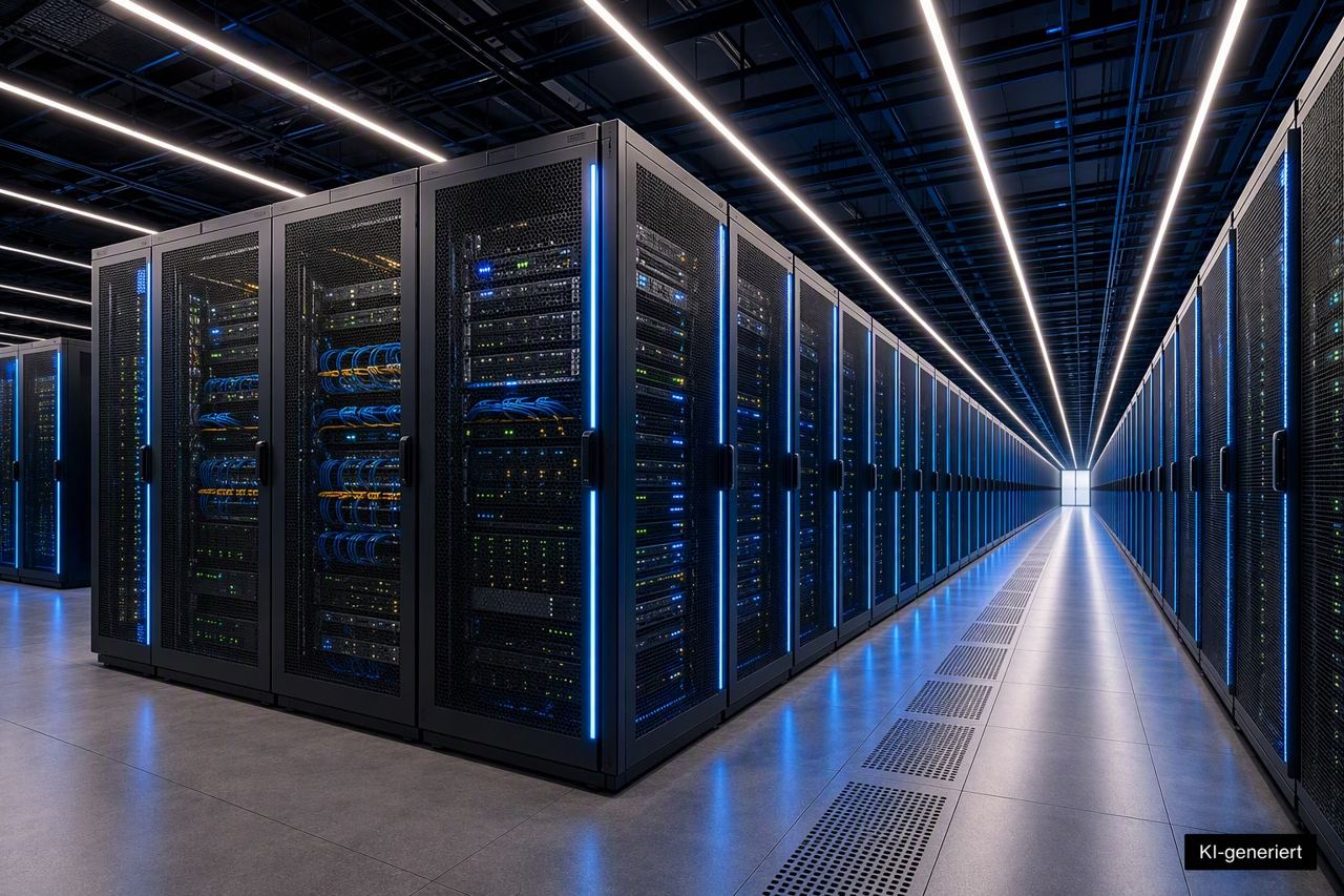 KI-generiertes Symbolbild mit Serverreihen zur Datacenter-Kühlung von technotrans