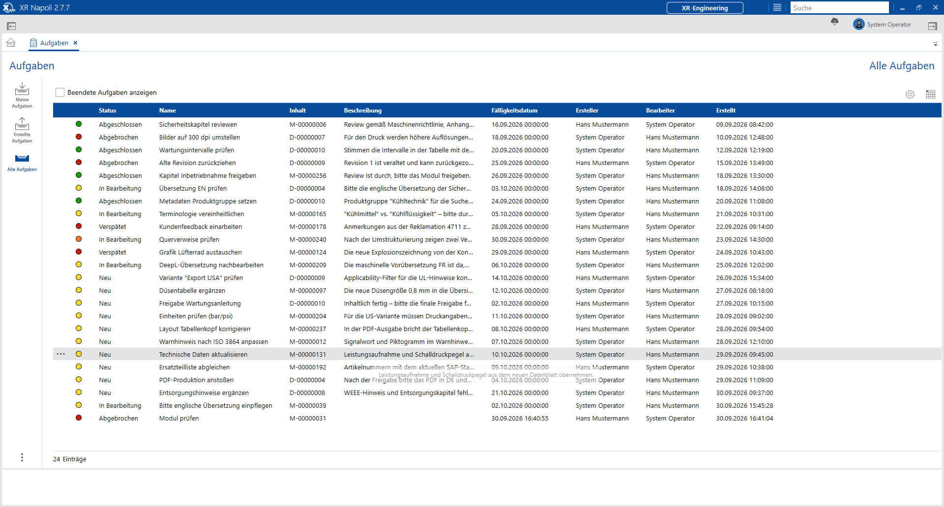 Screenshot der Aufgabenübersicht in XR Napoli mit Status, Zuständigkeiten und Fälligkeitsterminen.